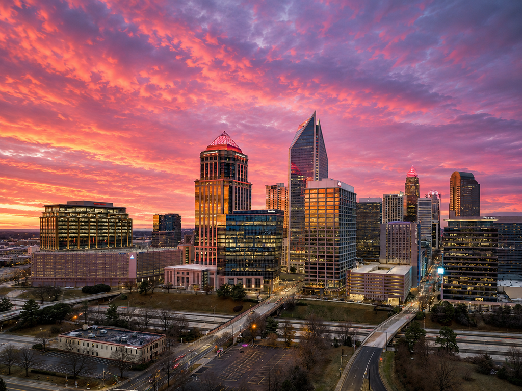 Panoramic view of the Charlotte, North Carolina skyline at sunset, with downtown skyscrapers illuminated beneath a vibrant pink, orange, and purple sky.
